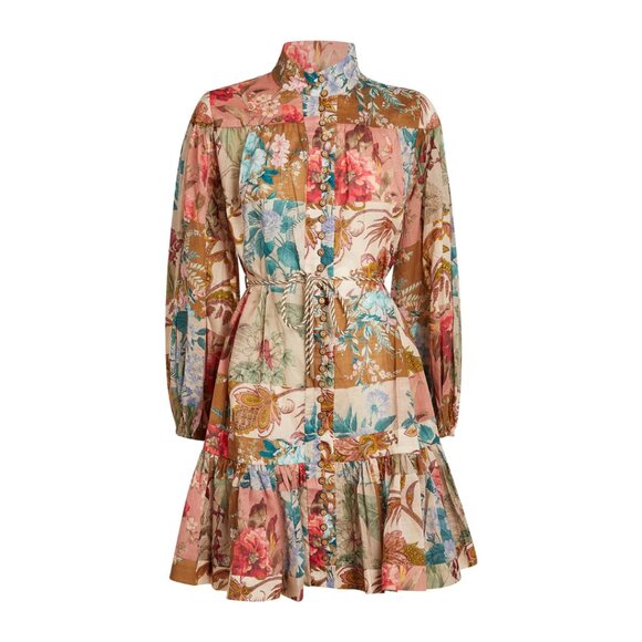 Zimmermann Cassia Blouson A-line Mini Dress Belted Floral Patchwork Size 2 - Picture 2 of 13